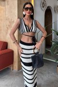 Çizgili Bikini Üst Ve Etek Triko Takım 10110 resmi